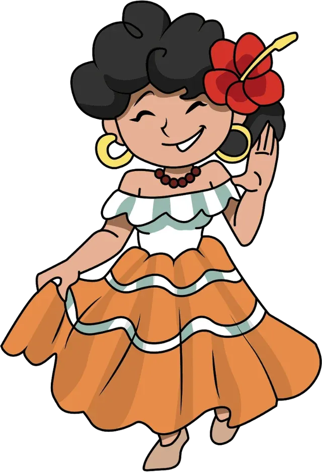 WRO 2026 mascot: a Puerto Rican dancer in a traditional orange skirt with a hibiscus flower