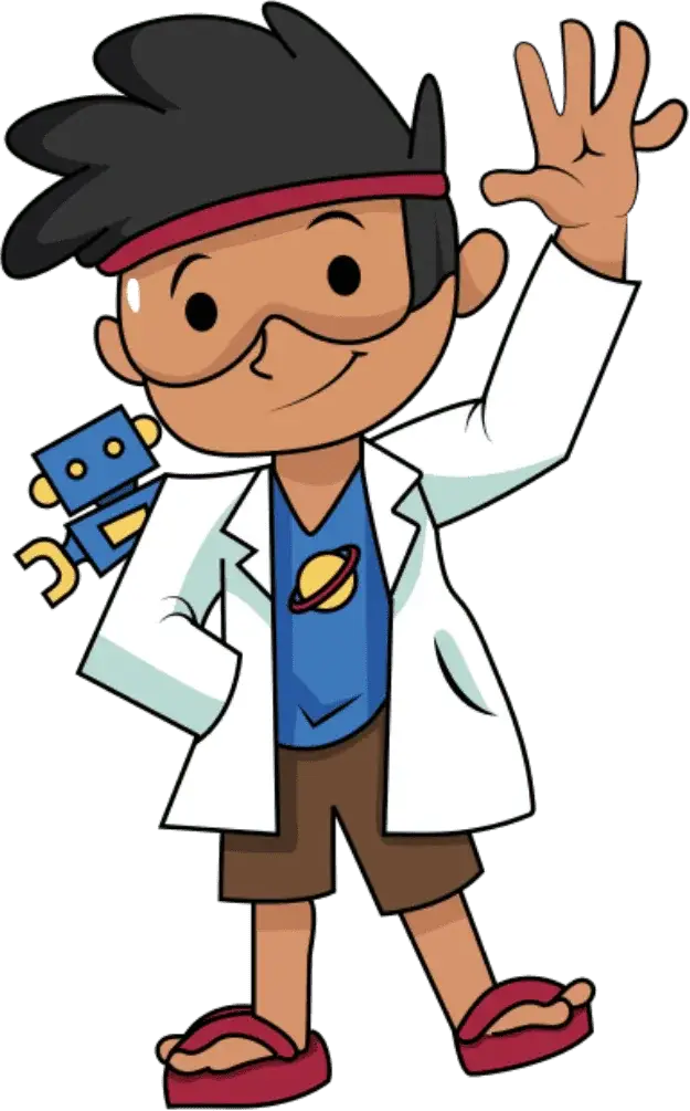 WRO 2026 mascot: a young scientist in a lab coat waving